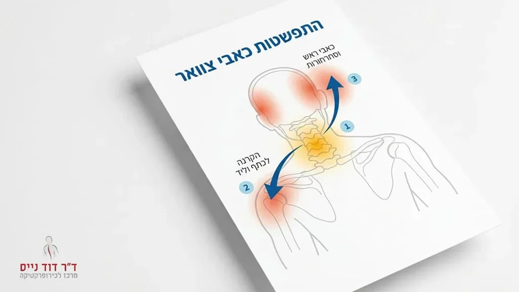לאחר הפסקה המתארת את ההשלכות של כאבי צוואר והקרנה לכתף ולראש. אדם הסובל מכאב צוואר המקרין לכתף ולראש במהלך יום עבודה
